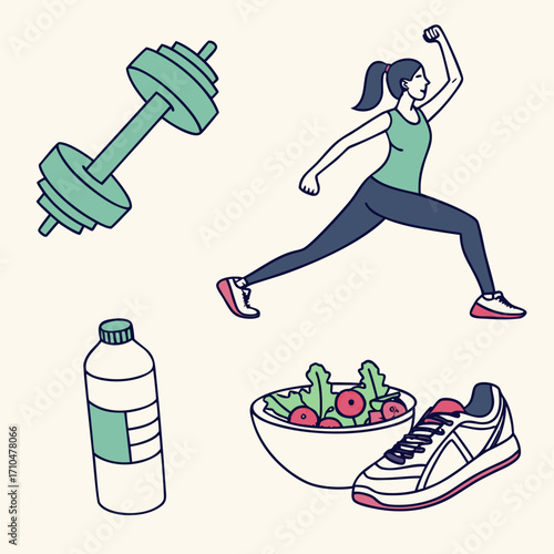 Fitness & Lifestyle
“Flat vector UI icons — dumbbell, yoga pose, salad bowl, water bottle, running shoe