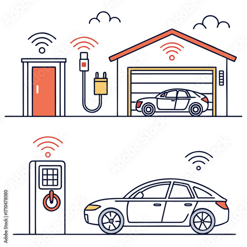 Garage & Vehicle IoT
“Flat vector icons — EV charger, smart garage door, car tracker, bike security lock, vehicle diagnostics