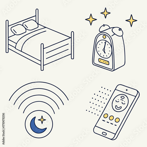 Sleep & Wellness
“Vector icons — smart bed, sleep tracker, night light, white noise machine, wellness app