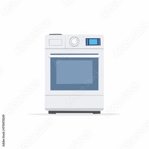 Modern white electric oven with digital display and a blue glass oven door, front view illustration.