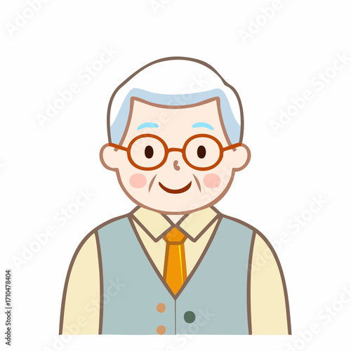 Elderly man with a smile, wearing glasses and tie, illustration of cheerful mature gentleman in suit and vest