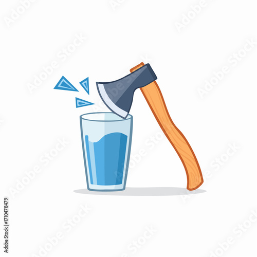 Humorous cartoon illustration featuring a glass of water and an axe making triangular shapes out of the water.