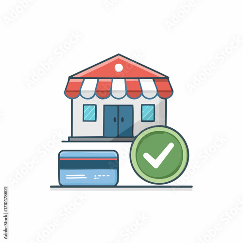 Online Shopping Transaction Approved Store Credit Card and Check Mark Illustration