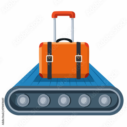 Orange rolling suitcase moves on a conveyor belt transportation system