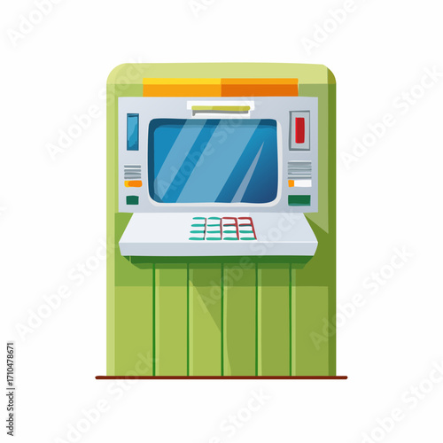 Cartoon illustration of an automated teller machine against a white background for commercial use