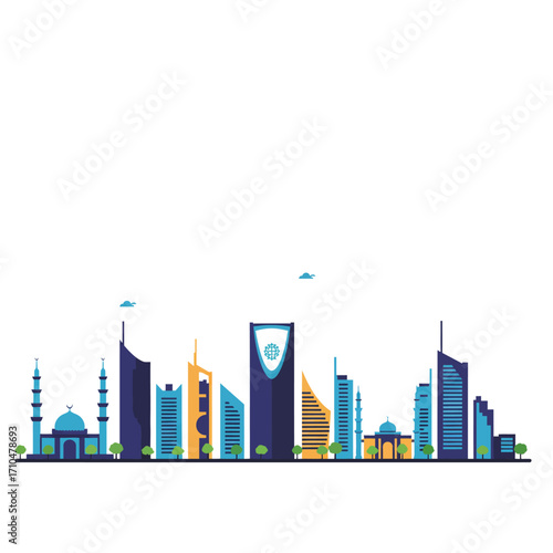 saudi arabia skyline with skyscrapers and mosques at sunset showcases modern architecture and islamic heritage