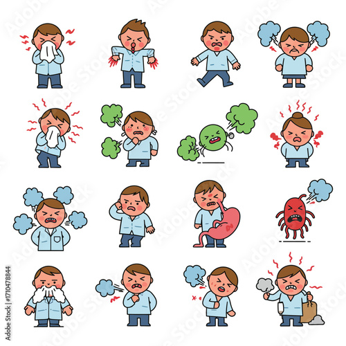 sick man in various health problem feeling unwell allergy symptoms during flu season for medical illustration