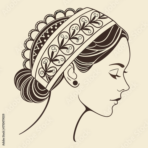 Vintage style illustration of a woman with an ornate headband and updo hairstyle