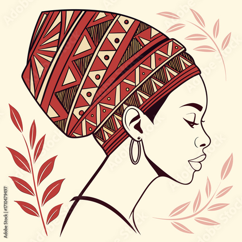 Stylish african woman with traditional headwrap and leaves