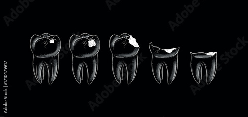 Life cycle of dental caries illustration drawing in graphic style with white on black background.