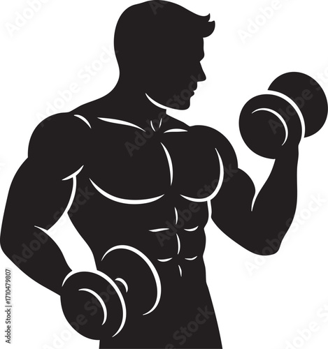Muscular man exercising with dumbbells