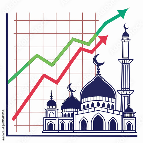 Mosque silhouette with financial growth chart
