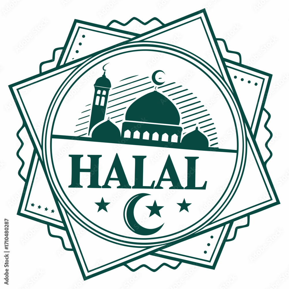 Naklejka premium Halal food label with mosque and crescent moon