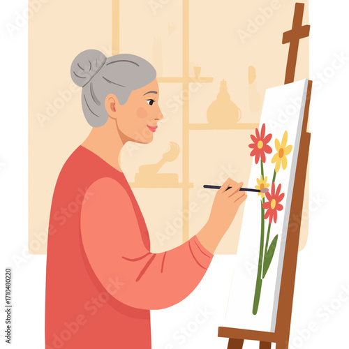 Retired woman painting canvas. Senior lady creating art with brush. Older woman painting picture in studio. Elderly woman doing acrylic painting. Elderly set