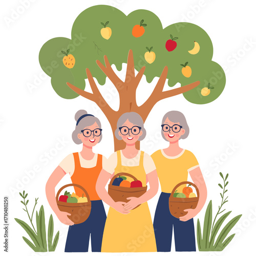 Senior women in garden. Elderly ladies enjoying flowers outdoors. Older women gardening together. Retired friends spending time in garden. Elderly set