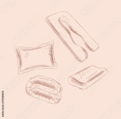 Pillows and blankets elements set with pregnancy regular and orthopedic pillow, folded sheet for bedroom drawn in graphic style on beige background