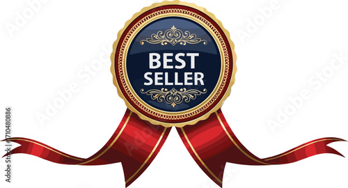 PrintLuxury Best Seller Badge with Red Ribbon for Premium Product Label, Award Icon, Bestseller Seal, Marketing Promotion Design Element
