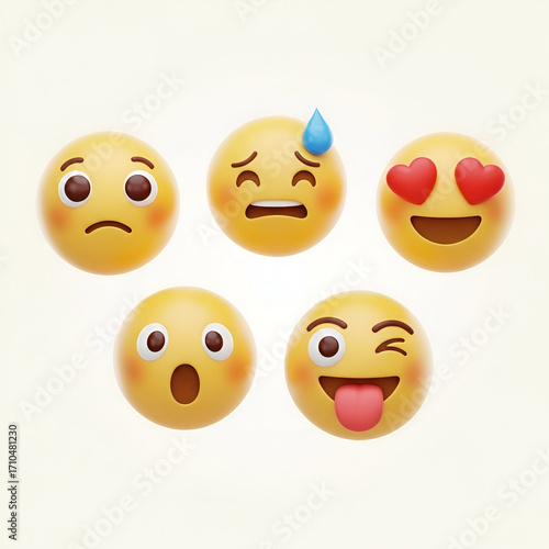 Collection of five expressive 3d emoji faces showing different emotions like sadness, worry, love, surprise, and silliness on a light background