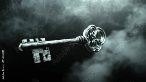 Mystical key floating through a foggy atmosphere