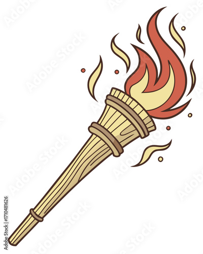 A simple illustration of a wooden-handled torch with red and yellow flames, accented by small flame shapes to suggest movement and energy.
