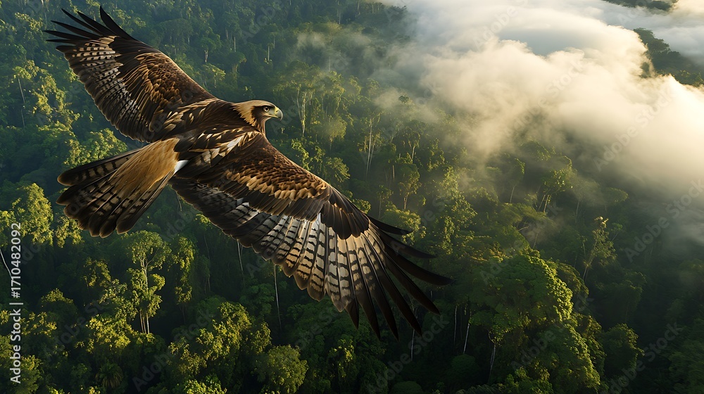 Fototapeta premium A powerful raptor with wings spread, a red-tailed hawk or eagle soars through the wild blue sky