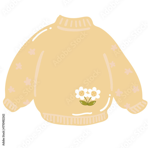 Soft beige sweater with floral pattern and white flowers, cozy knitted fabric for warmth and comfort, perfect for casual wear in cool weather