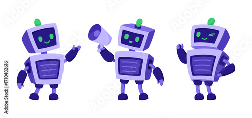 Set of adorable AI robot characters in different poses. Friendly artificial intelligence, virtual assistant services, and modern technology with a personal touch