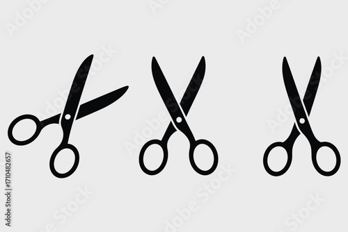 Scissors Icons,  Open, Closed, and Cutting Action Styles, Sharp Tool Symbols for Barber Shop, Sewing, DIY Craft, Paper Cutting, Fashion Tailoring, and Creative Design