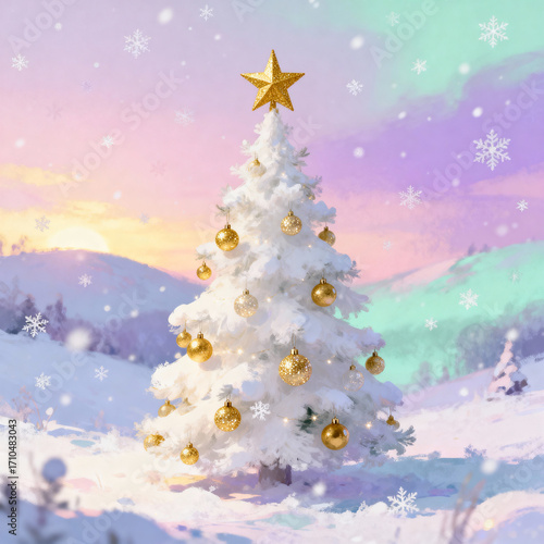 Winter Wonderland Holiday Scene: A majestic Christmas tree stands elegantly adorned with golden ornaments and a radiant star.