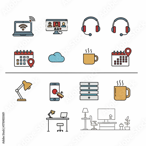 Set of business icons for telecommuting, virtual meetings, and freelance home office concepts