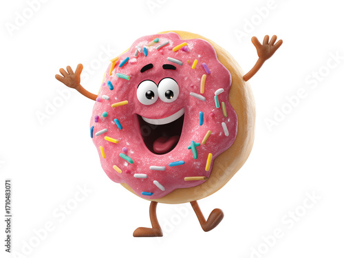  donut cartoon sticker with icing and sprinkles Cheerful isolated on transparent White background png
