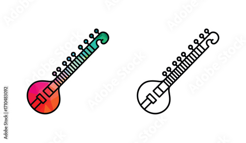 Sitar Illustration in Vibrant Colors and Black and White Outline on White Background