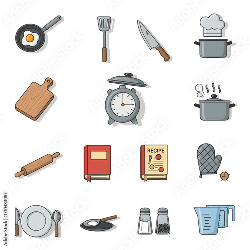 A diverse set of colorful flat design icons for culinary arts and food preparation concepts
