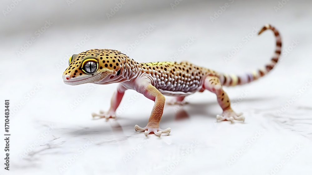 Naklejka premium Small spotted leopard gecko on a stone wall