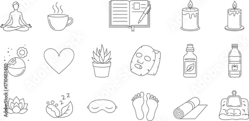 Collection of wellness and self care icons representing relaxation and healthy lifestyle isolated on white background