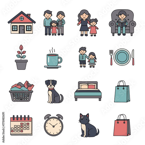 Essential daily life flat icons showcasing family, home, pets, and household activities for modern living