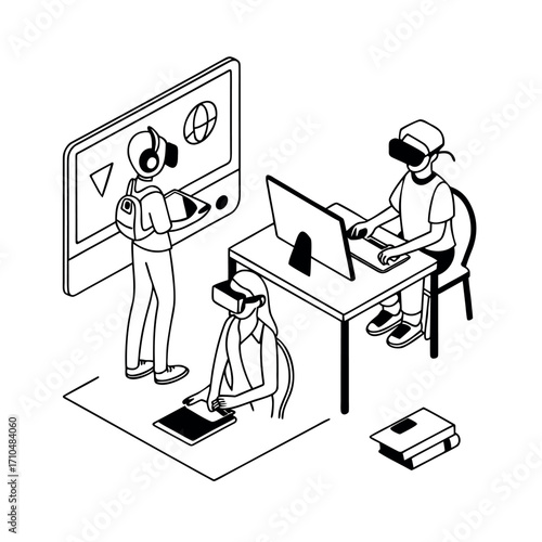 People Using Virtual Reality Headsets Vector Illustration of VR Technology, Gaming and Digital Learning