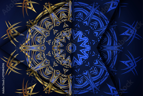 Blue and gold decorative mandala with geometric floral symmetry and reflective abstract pattern