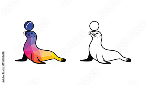 Colorful and black and white seals balancing ball on nose vector illustration