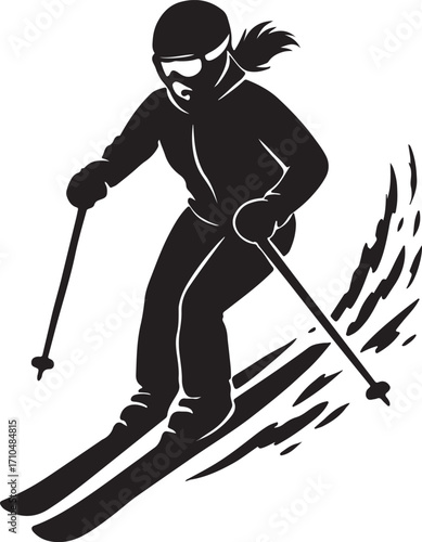 Vector Silhouette of Skier in Action Winter Sport Illustration