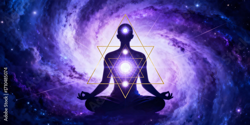 Cosmic Meditation: A figure in serene meditation pose with a vibrant energy field, set against a celestial galaxy. Evoking inner peace, spiritual exploration, and the vastness of consciousness.
