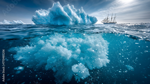 A large iceberg partially submerged in ocean water with a sailing ship in the background.