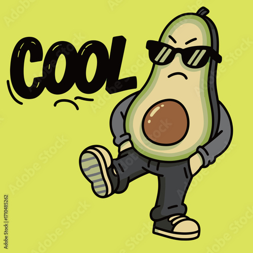 A cool and confident avocado character cartoon mascot illustration wearing sunglasses and street clothes.