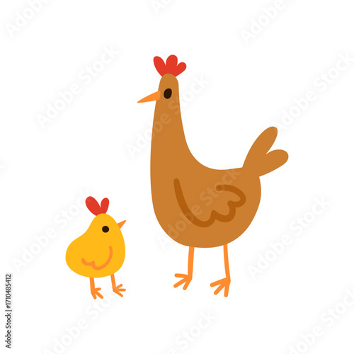 Brown hen standing with a yellow chick simple flat illustration isolated on white. Domestic birds with red combs and orange beaks. Great for kids content, nursery prints, farm and animal designs