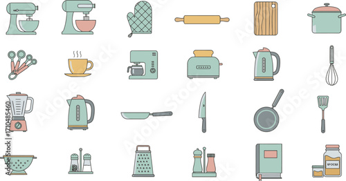 Collection of flat design kitchen utensils and appliances isolated on white background
