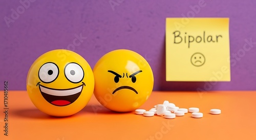 Bipolar disorder concept with happy and angry smiley faces and medication