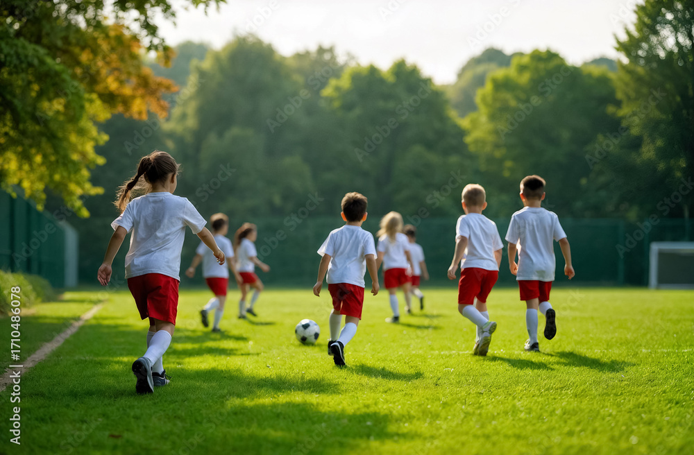Obraz premium group of children playing football on the field, children's football team