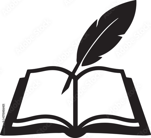 Open Book with Feather Quill Pen Icon Illustration