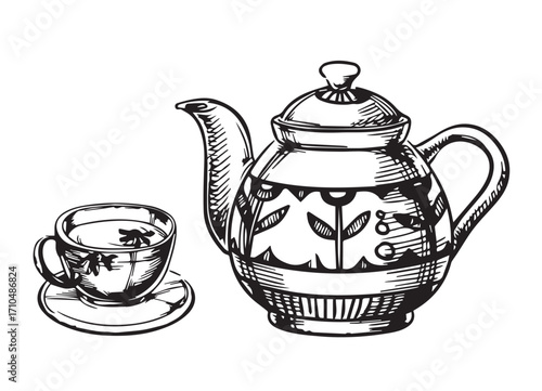 Hand-Drawn Illustration of Ceramic Teapot with Teacup and Saucer – Elegant Vintage Style Artwork