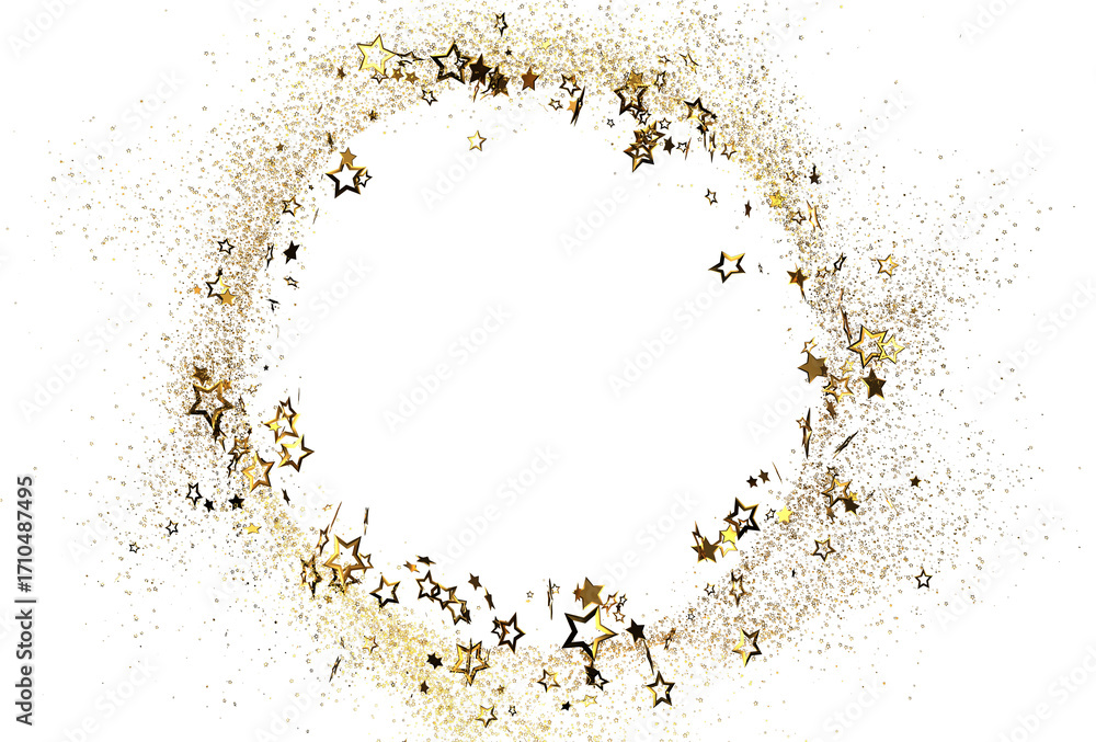 Obraz premium Sparkling gold stars and glitter create a festive circular frame perfect for holidays, celebrations, and luxury designs. Ideal for invitations, cards, and social medi